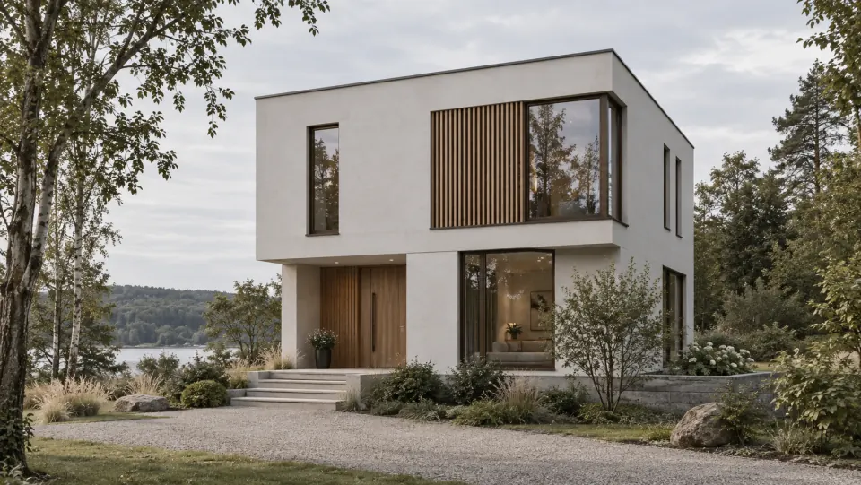 Das fertige Haus als Foto mit Birken und Seeblick