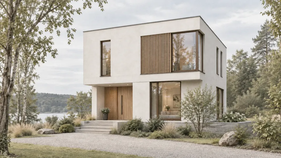 Rendering desselben Hauses mit Putz, Holz und Glas
