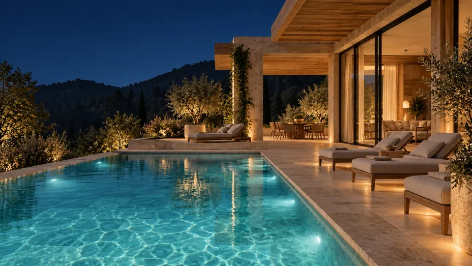 Fiktiver Hotelpool am Abend, warm beleuchtet