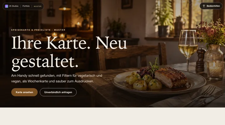 Muster einer digitalen Speisekarte mit Hero-Bild eines Gasthauses