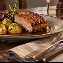 Krustenbraten mit Kartoffeln, Rotkohl und Soße auf einem Teller