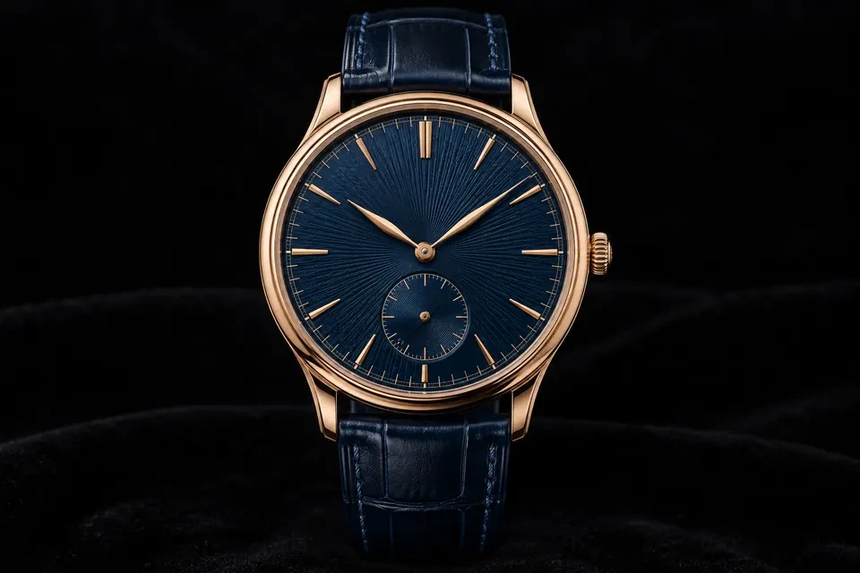 Fiktive Roségold-Uhr mit tiefblauem Zifferblatt