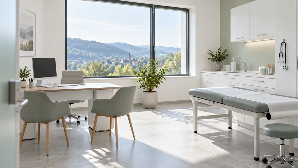 Helles Behandlungszimmer mit Schreibtisch, Liege und Blick auf Hügel