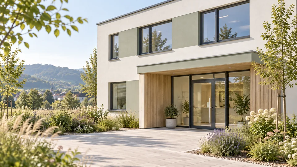 Moderne Praxis von außen mit Holz- und Putzfassade