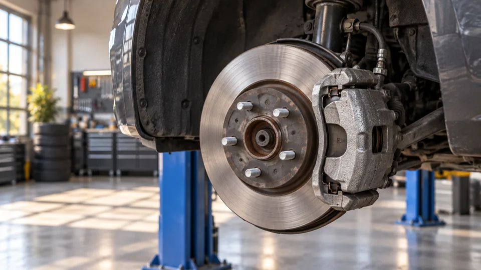 Bremsscheibe mit Bremssattel an einem angehobenen Fahrzeug