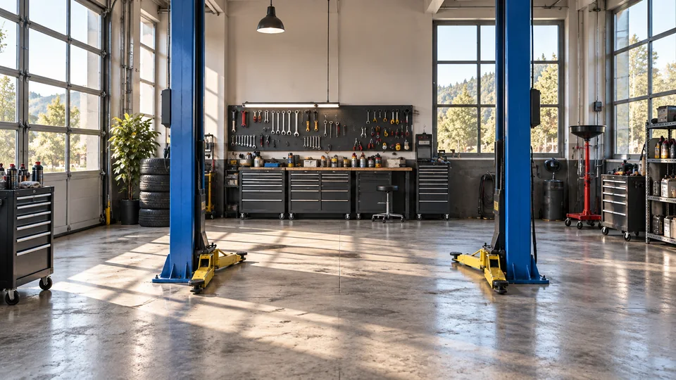 Helle Werkstatt mit zwei blauen Hebebühnen