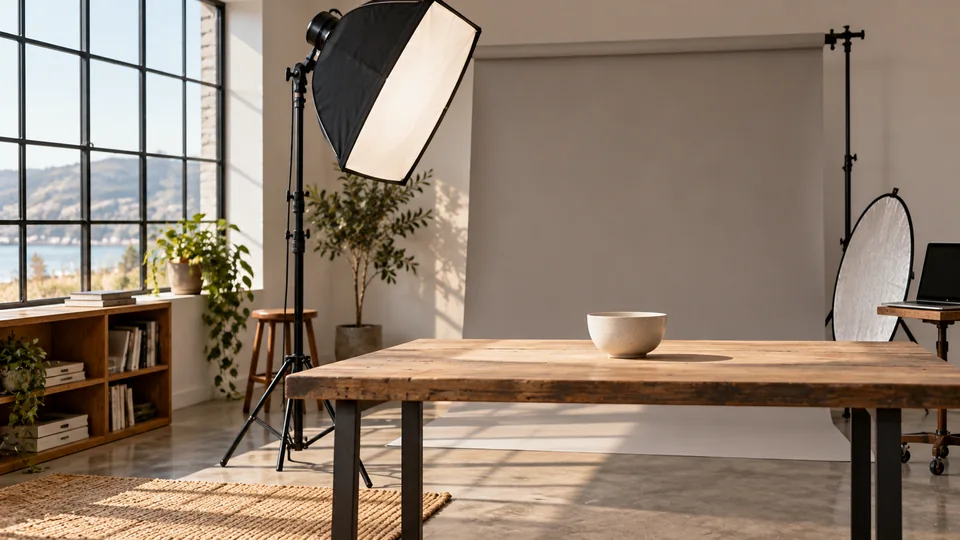 Fotostudio mit Softbox, Hintergrund und Holztisch