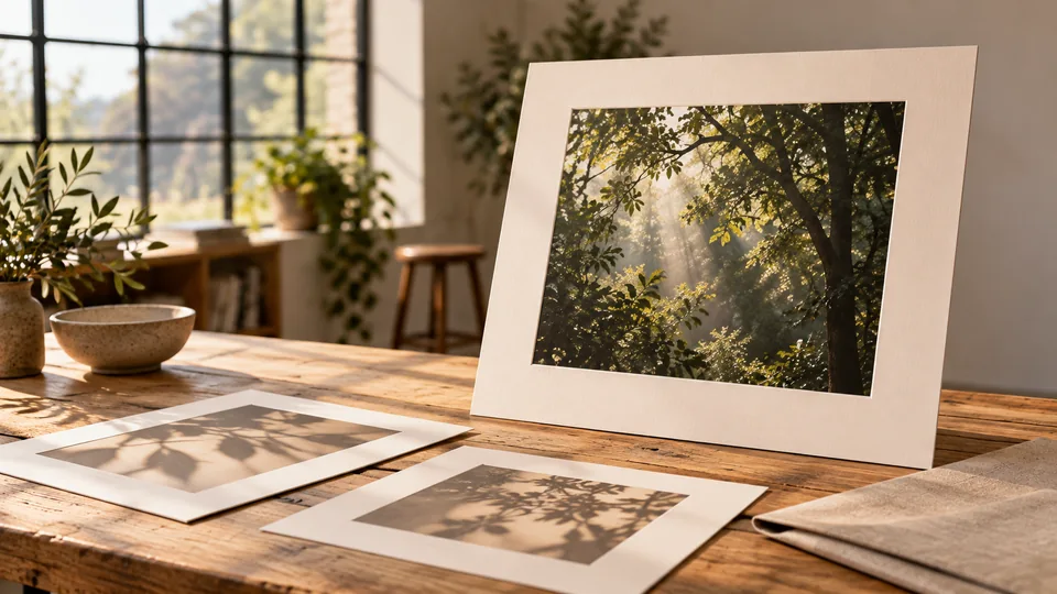 Drei gerahmte Abzüge mit Waldmotiv auf einem Tisch