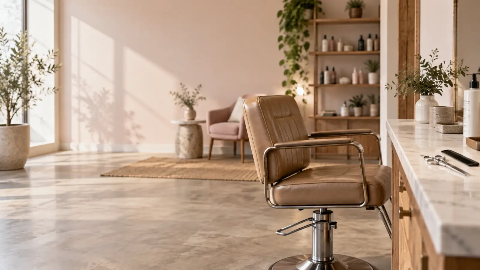 KI-generiertes Beispielbild: heller Salonraum mit Friseurstuhl