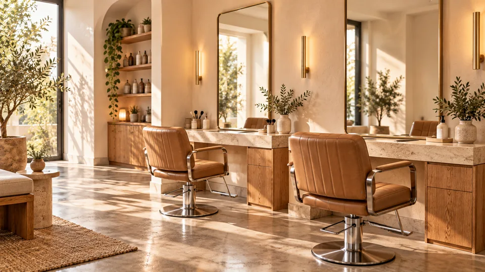 Salon mit Spiegeln und braunen Friseurstühlen