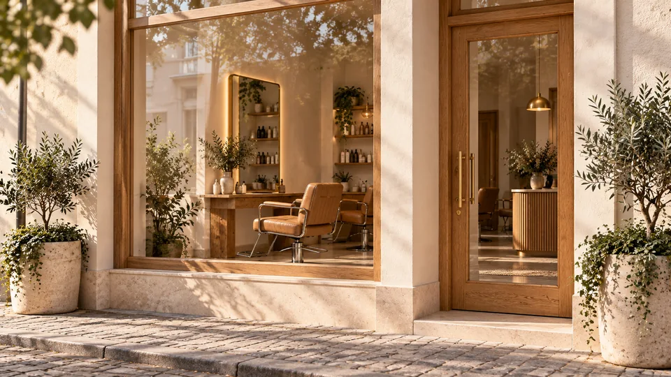 Salonfenster und Tür mit Spiegelungen von außen
