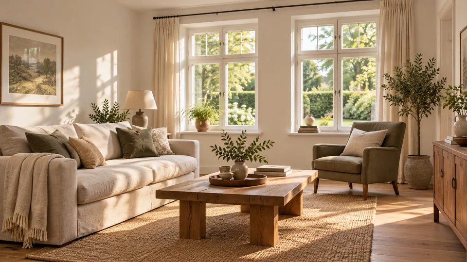 Wohnzimmer mit Sofa, Holztisch und großen Fenstern