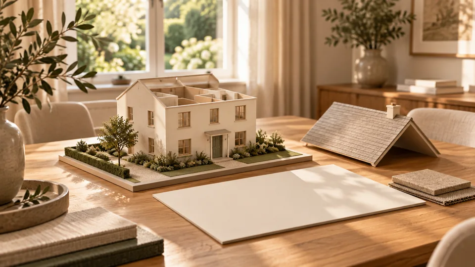 Architekturmodell eines Hauses auf einem Schreibtisch