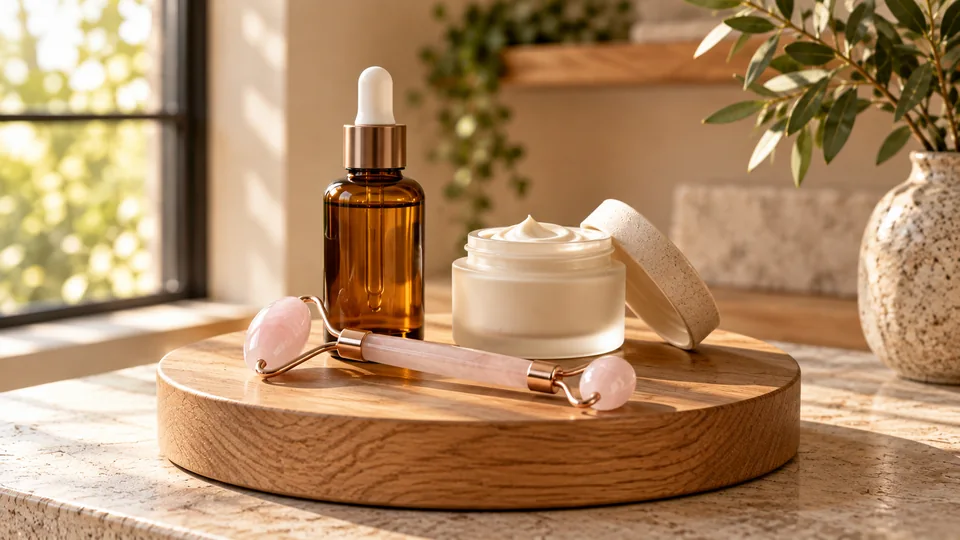 Serum, Creme und Rosenquarz-Roller auf einem Holzteller