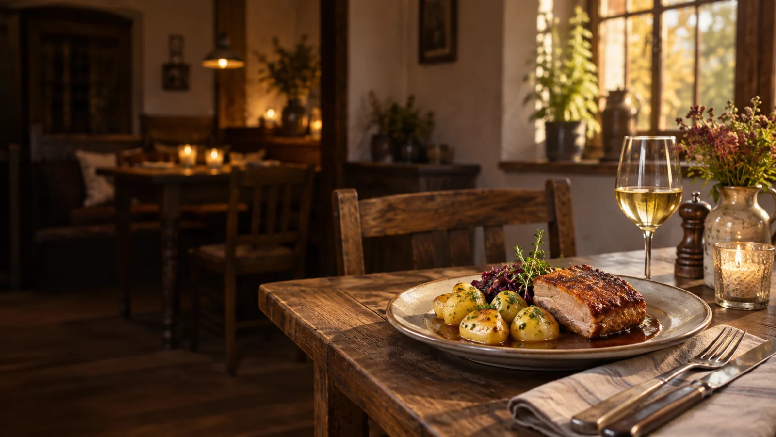 Gedeckter Holztisch in einem gemütlichen Gasthaus mit Braten, Rotkohl und Kartoffeln (KI-generiertes Beispielbild)