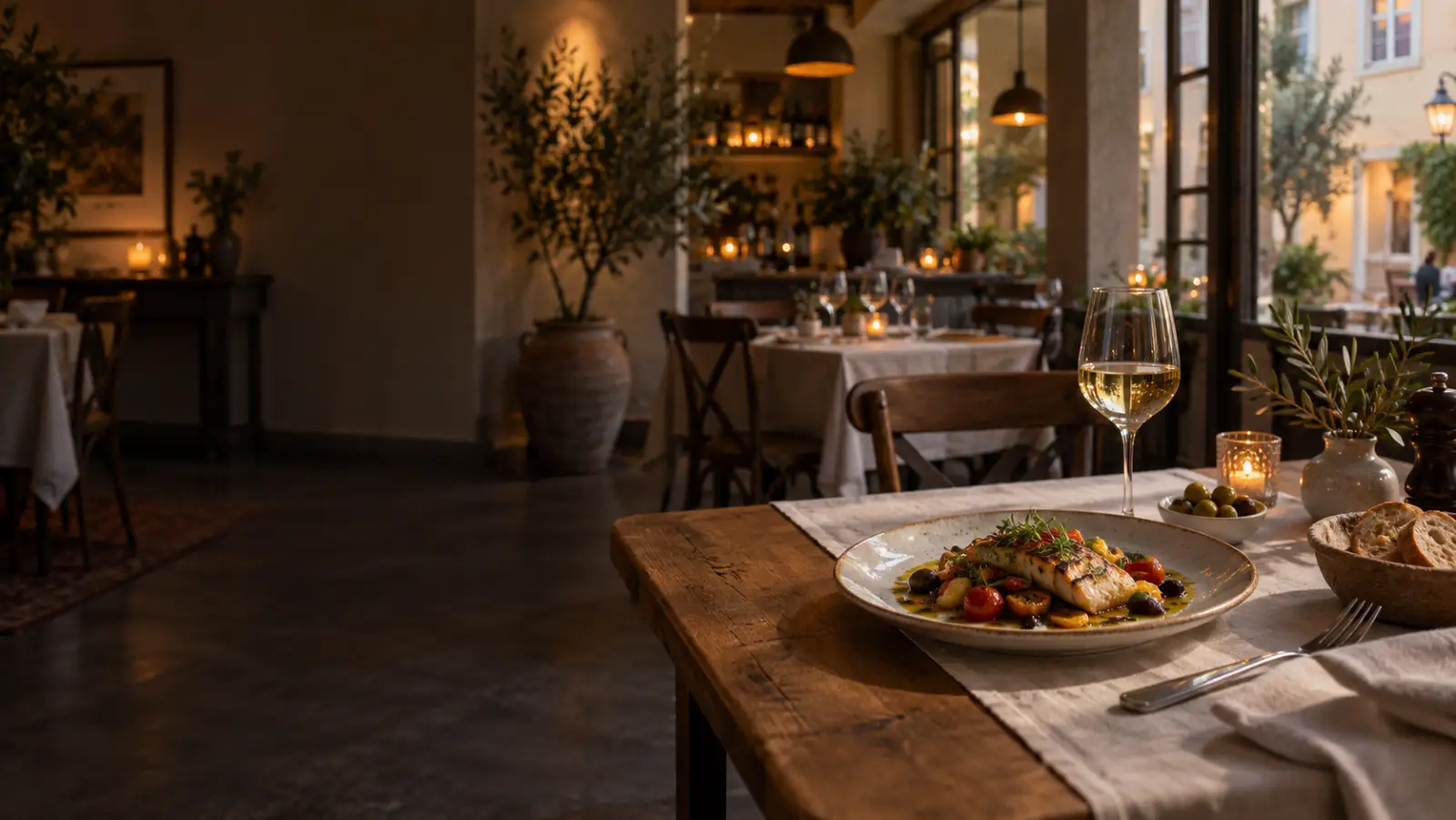 KI-generiertes Beispielbild: gedeckter Tisch und Speise in einem fiktiven Restaurant